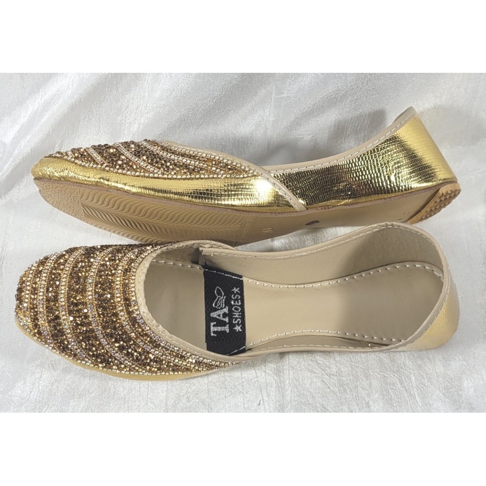 TA Women's Pakistani Ethnic Flat Beaded Khussa Shoes - Gold - Sz 10